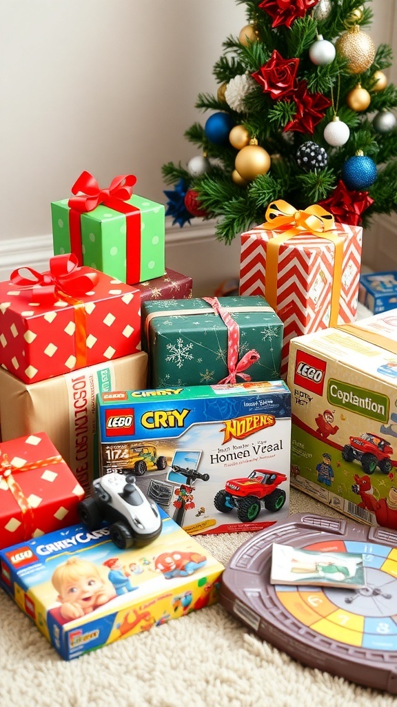 A collection of Christmas gifts for boys, featuring LEGO, remote control car, and board game, with festive decorations.
